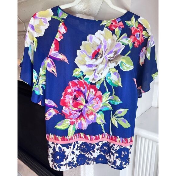 Anthropologie Maeve 100% Silk Navy Blue Floral Sheer Short Sleeve Blouse Sz 0 - Picture 3 of 8